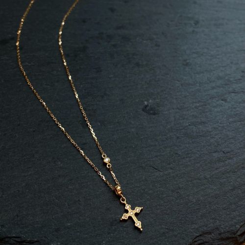 PETITE GOTHIC CROSS NECKLACE 18k Yellow Gold / DIAMONDS Necklace 