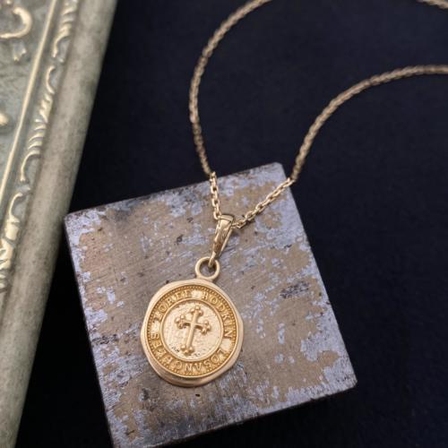 TINY GOTHIC CROSS ON COIN NECKLACE / 18k Yellow Gold NECKLACE