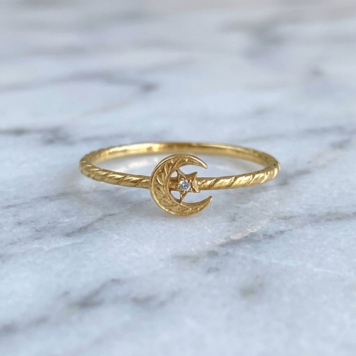 PETITE Crescent MOON / STAR RING / 18k Yellow Gold / DIAMOND RING