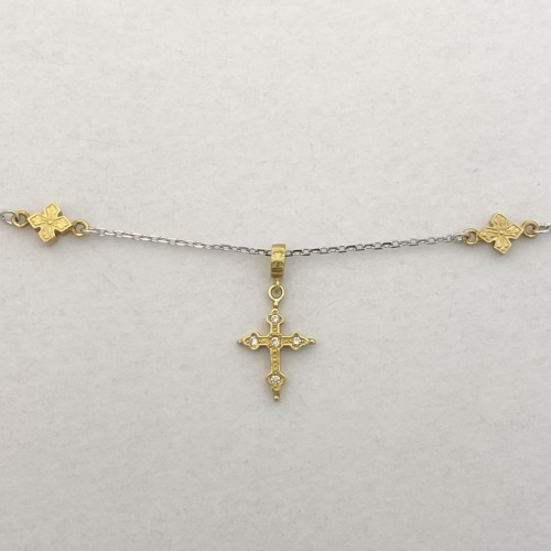 PETITE GOTHIC CROSS NECKLACE ローリーロドキン PETITE GOTHIC CROSS w/6 Princess cross charm on chain 18k Yellow