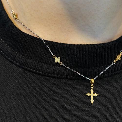 PETITE GOTHIC CROSS w/6 Princess cross charm on chain 18k Yellow