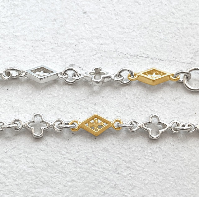 MIX OPEN GOTHIC / OPEN DIAMOND SHAPED / CROSS LINK CHAIN / 18k Yellow Gold  and Silver / 16inch(40cm)