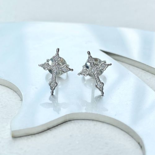 PETITE GOTHIC CROSS PIERCE Silver / Zirconia pierced earrings ...