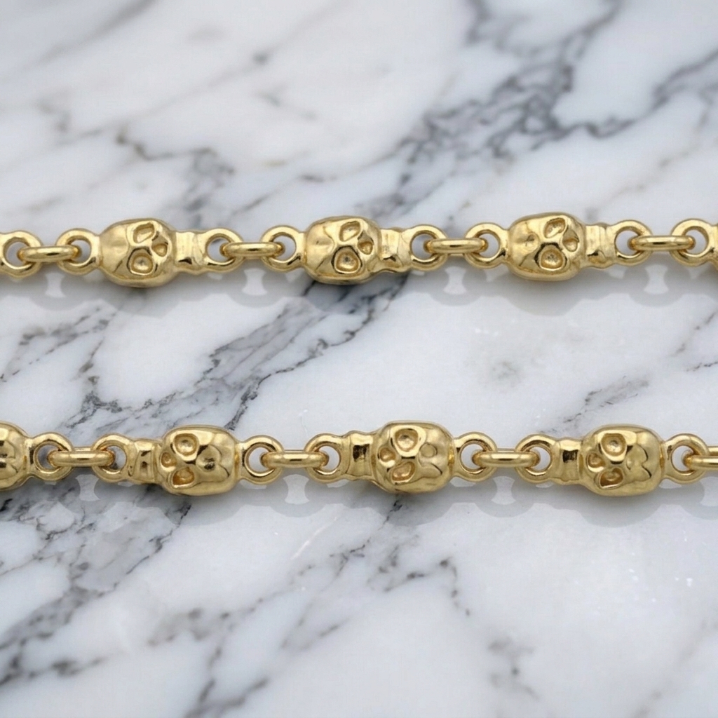 DOUBLE SIDED TINY SKULL LINK CHAIN / 18k Yellow Gold / 19inch(47cm 