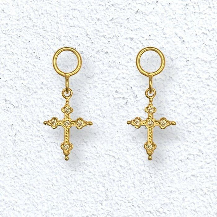 GOTHIC CROSS CHARM 18k Yellow Gold / DIAMONDS pierced earrings 