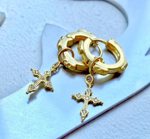 GOTHIC CROSS CHARM 18k Yellow Gold / DIAMONDS pierced earrings ...