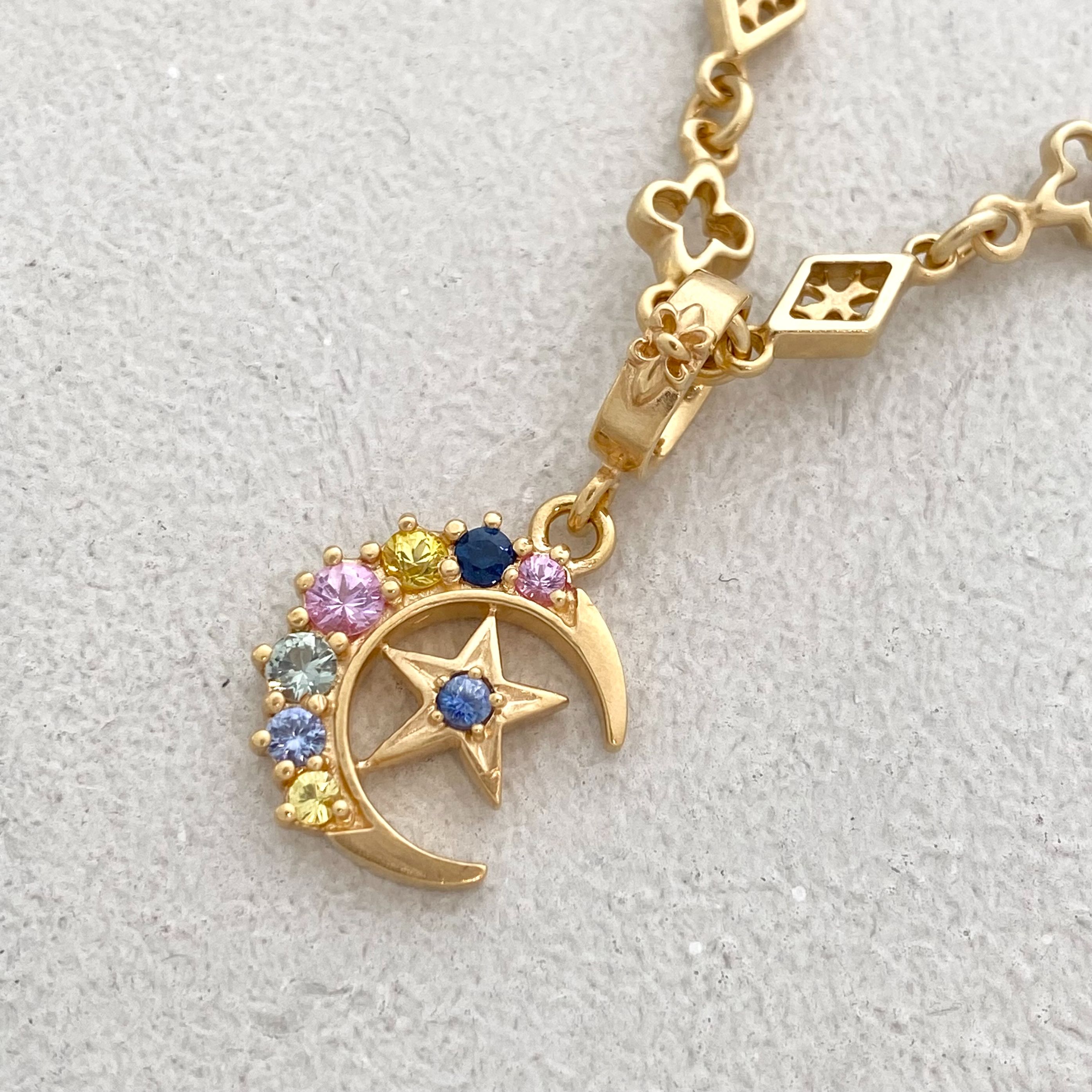 CRESCENT MOON / STAR PENDANT 18k Yellow Gold / Multi Color