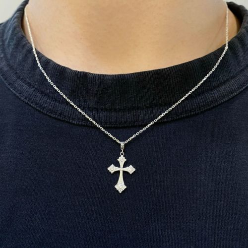 PETITE FANCY GOTHIC CROSS NECKLACE Silver / Pink Sapphire Necklace 