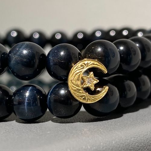 DBL STRAND VRS BLACK TIGER EYE BEADS / CRESCENT MOON APPLIQUES 18k
