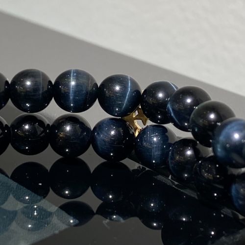 DBL STRAND VRS BLACK TIGER EYE BEADS / CRESCENT MOON APPLIQUES 18k