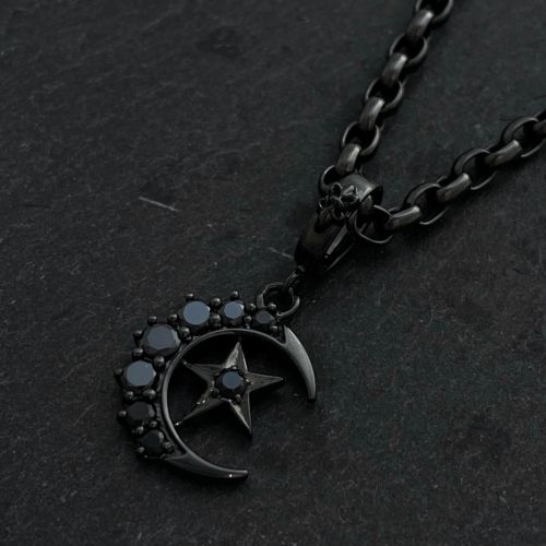 CRESCENT MOON/STAR PENDANT / SILVER / BLACK ZIRCONIA / BLACK
