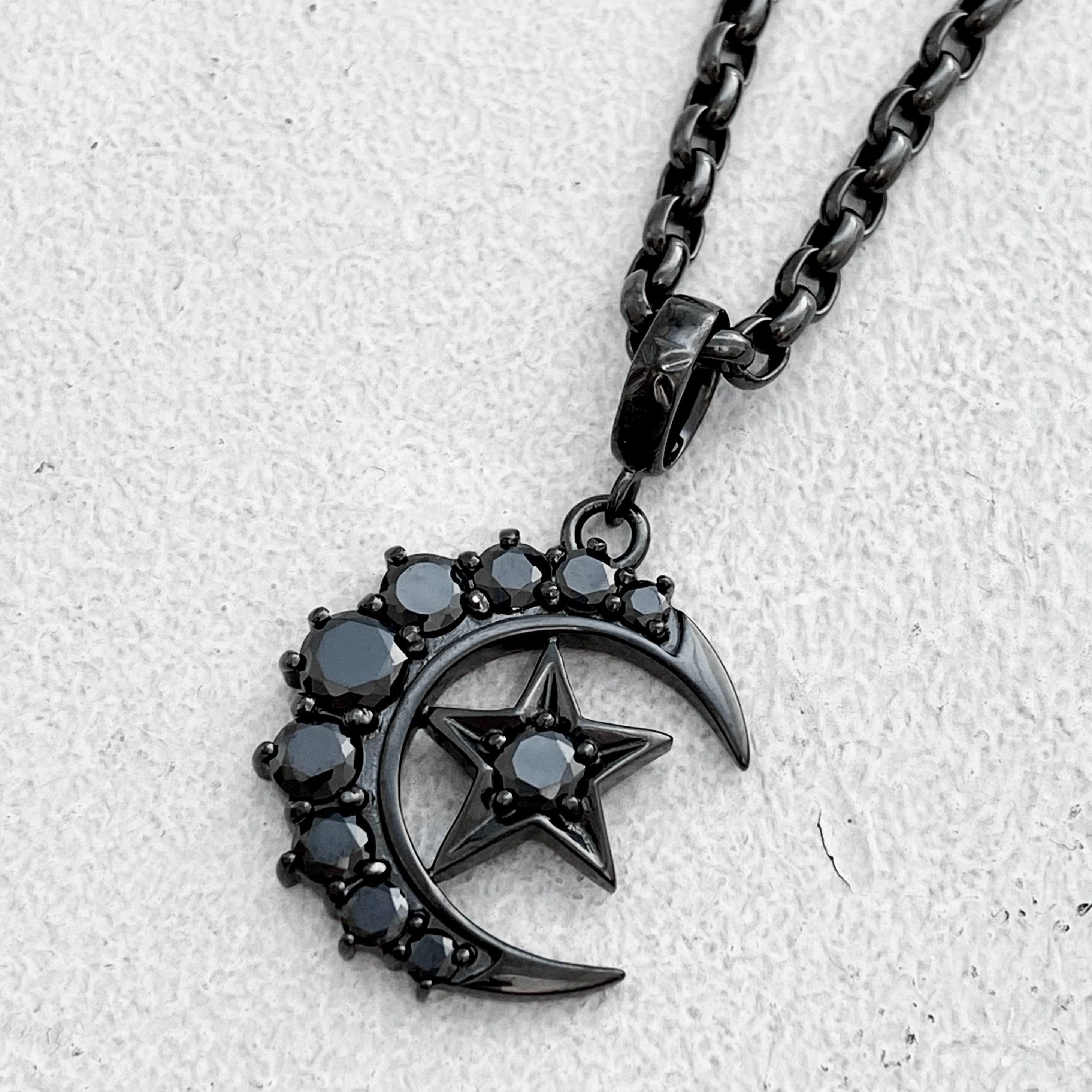 MEDIUM CRESCENT MOON/STAR PENDANT / SILVER / BLACK ZIRCONIA