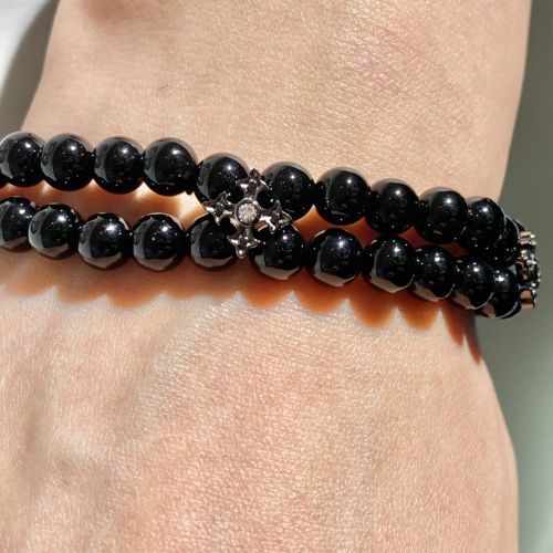 DBL STRAND VRS BEADS/FANCY CROSS APPLIQUES / SILVER / ONYX / BLACK