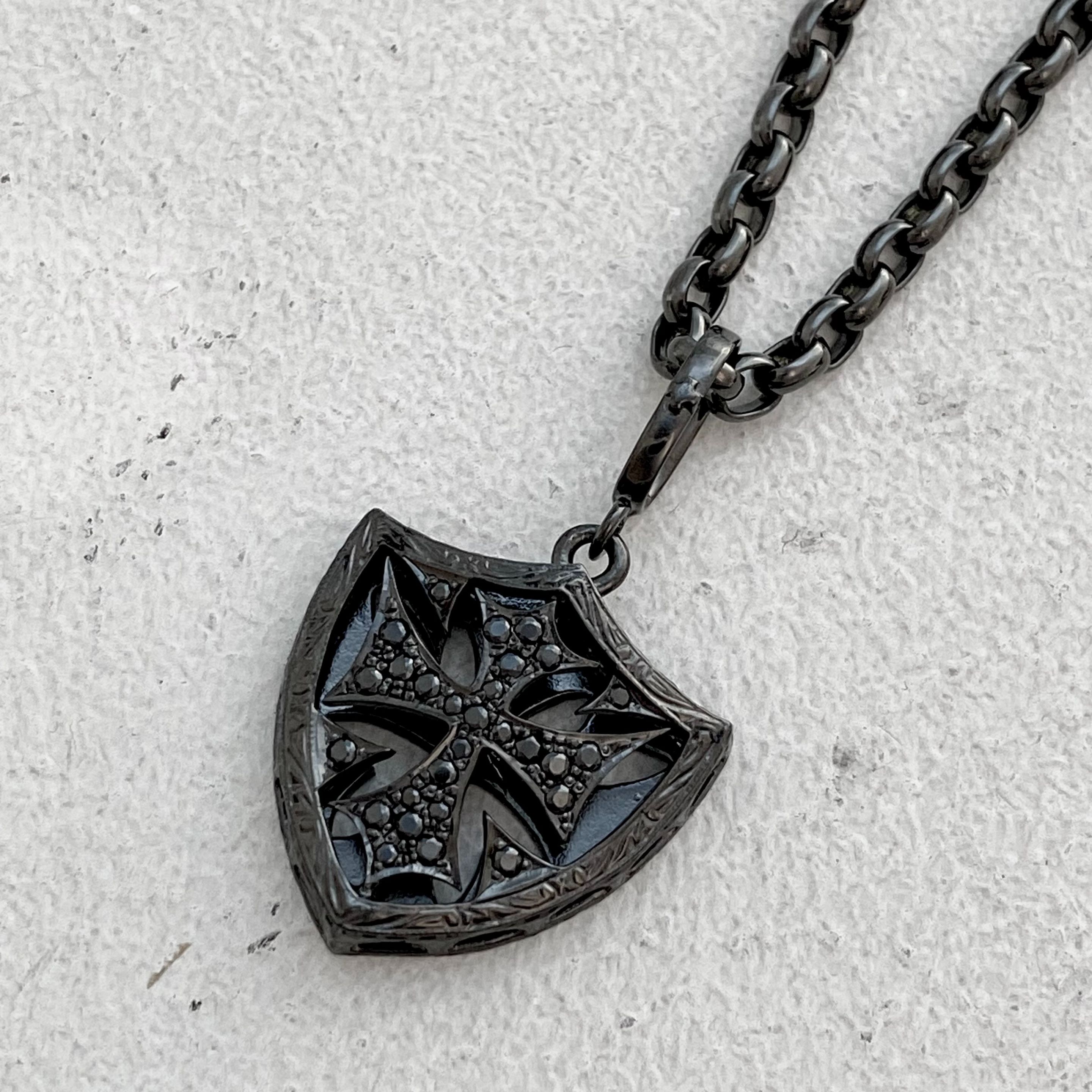 SMALL CROSS SHIELD PENDANT / PAVE BLACK ZIRCONIA / BLACK RUTHENIUM