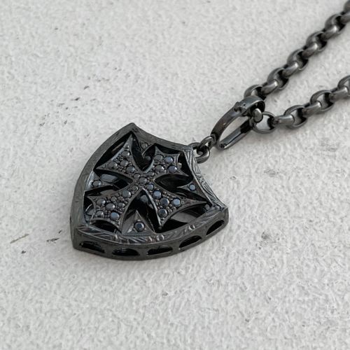 SMALL CROSS SHIELD PENDANT / PAVE BLACK ZIRCONIA / BLACK RUTHENIUM