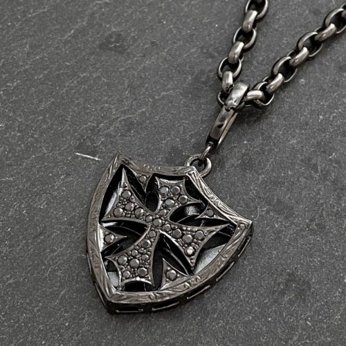 SMALL CROSS SHIELD PENDANT / PAVE BLACK ZIRCONIA / BLACK RUTHENIUM